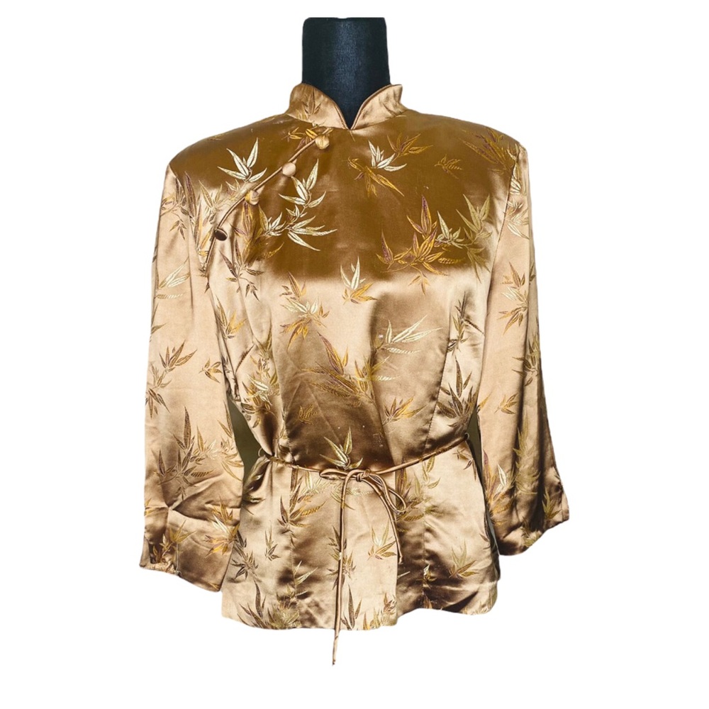 Jessica Howard Vintage 90s Robe Kimono Satin Top Jacket Faux Wrap Gold Sz Large - Picture 12 of 13